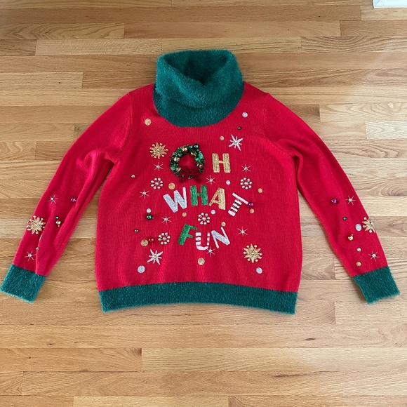 Holiday Time Oh What Fun Christmas Sweater Bells Sequins Size Large Womens - Picture 1 of 13